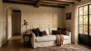 A warm neutral living room featuring a cream slipcovered sofa, dark velvet pillows, and exposed wooden beams.