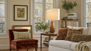 A warm neutral living room featuring a rust velvet armchair, patterned pillows, and an amber glass table lamp.