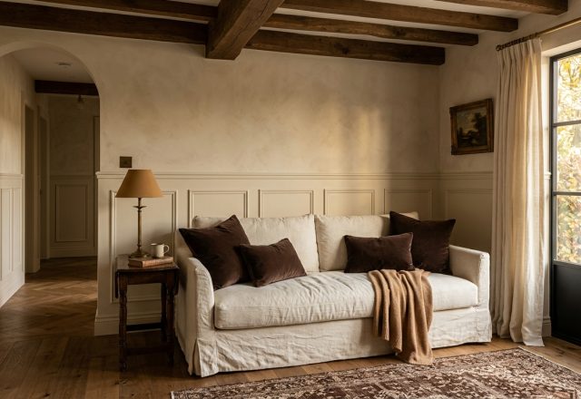 A warm neutral living room featuring a cream slipcovered sofa, dark velvet pillows, and exposed wooden beams.