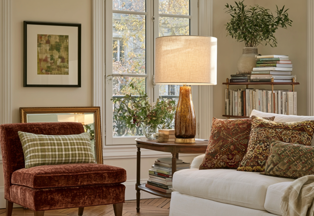 A warm neutral living room featuring a rust velvet armchair, patterned pillows, and an amber glass table lamp.