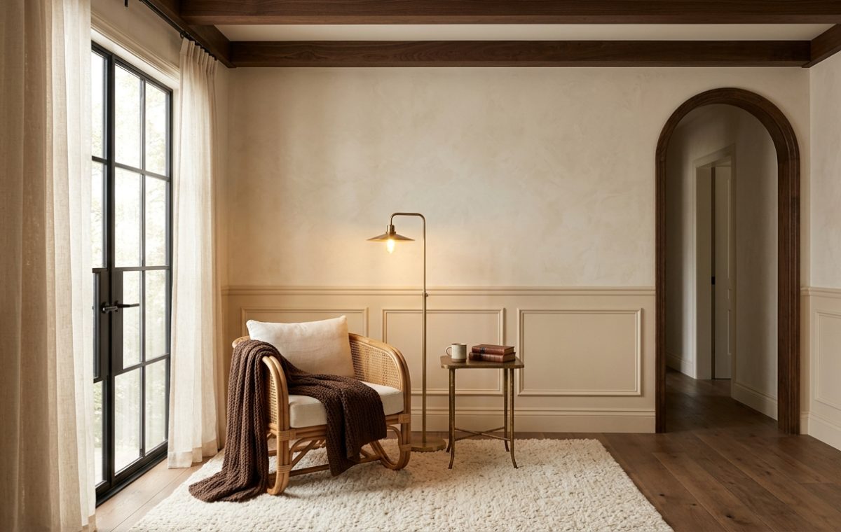 A warm neutral living room featuring textured cream walls, a rattan armchair with a brown knit throw, and an arched hallway.