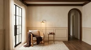 A warm neutral living room featuring textured cream walls, a rattan armchair with a brown knit throw, and an arched hallway.