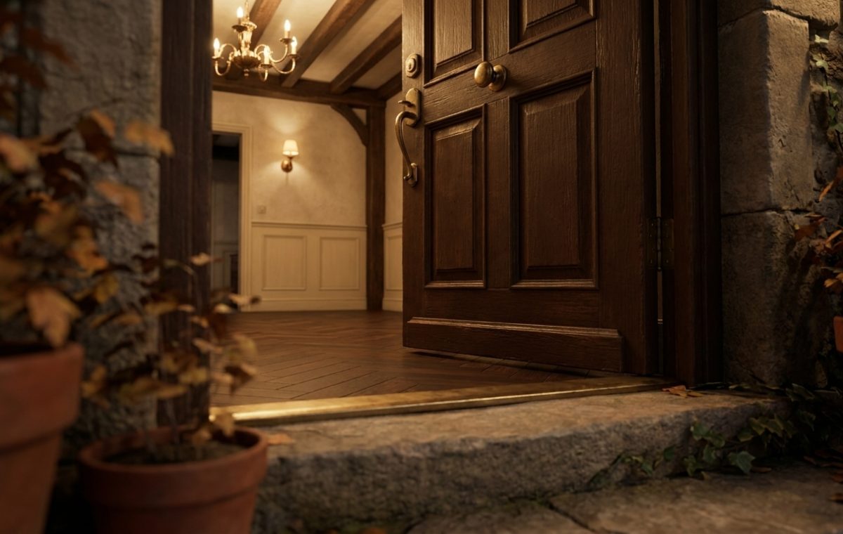 Open wooden front entryway door revealing a warm foyer with hardwood floors and brass hardware.