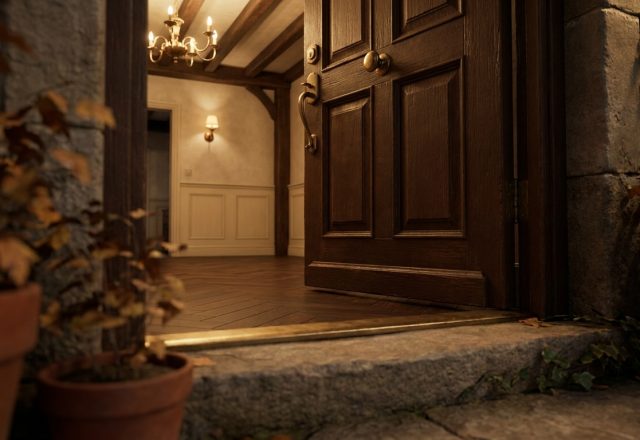 Open wooden front entryway door revealing a warm foyer with hardwood floors and brass hardware.