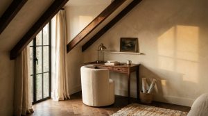 Cozy attic home office with sloped ceilings, wooden desk, and cream boucle chair next to a window.