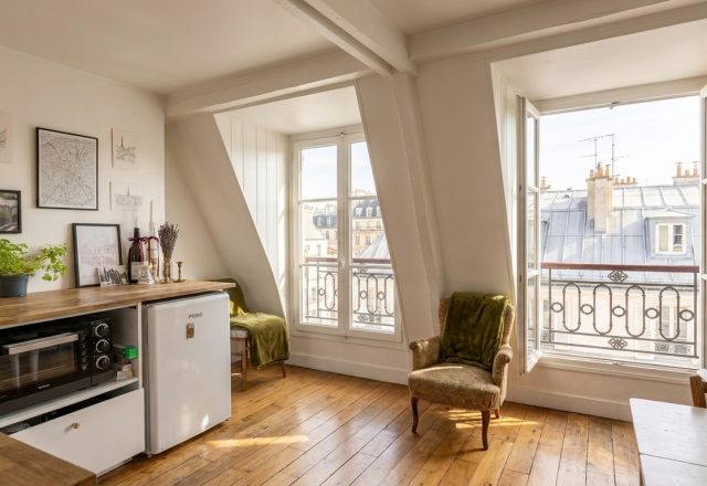 Bright attic studio apartment featuring slanted walls, hardwood floors, compact kitchenette, and a window overlooking city rooftops.