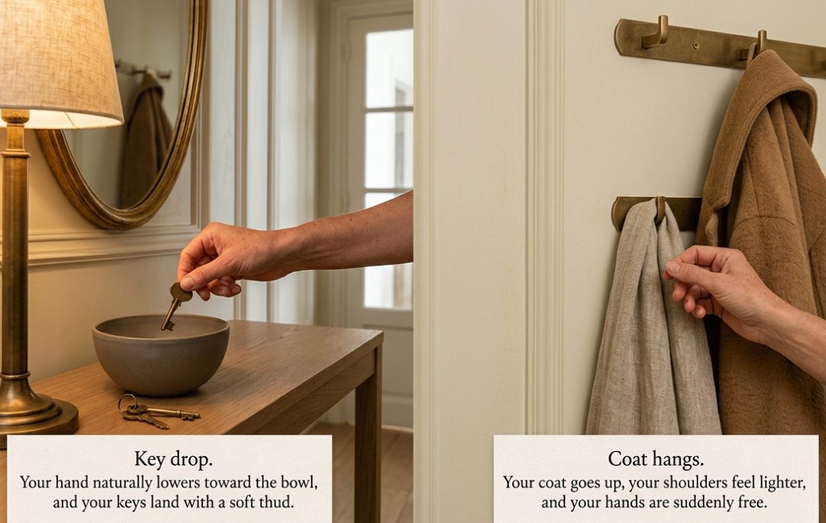 Hand placing brass keys into a catchall bowl and hanging a coat on a wall hook in an entryway drop zone.