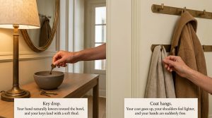 Hand placing brass keys into a catchall bowl and hanging a coat on a wall hook in an entryway drop zone.