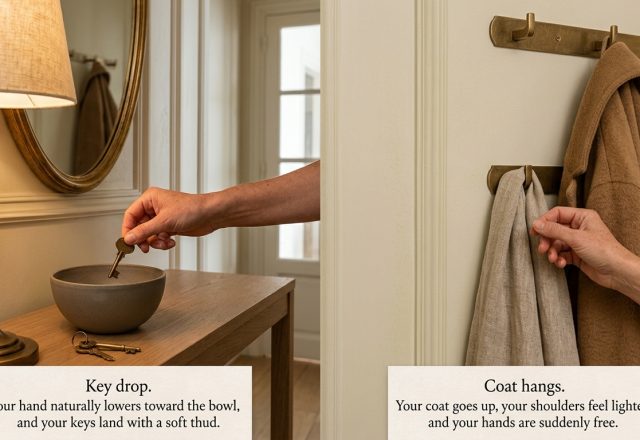 Hand placing brass keys into a catchall bowl and hanging a coat on a wall hook in an entryway drop zone.