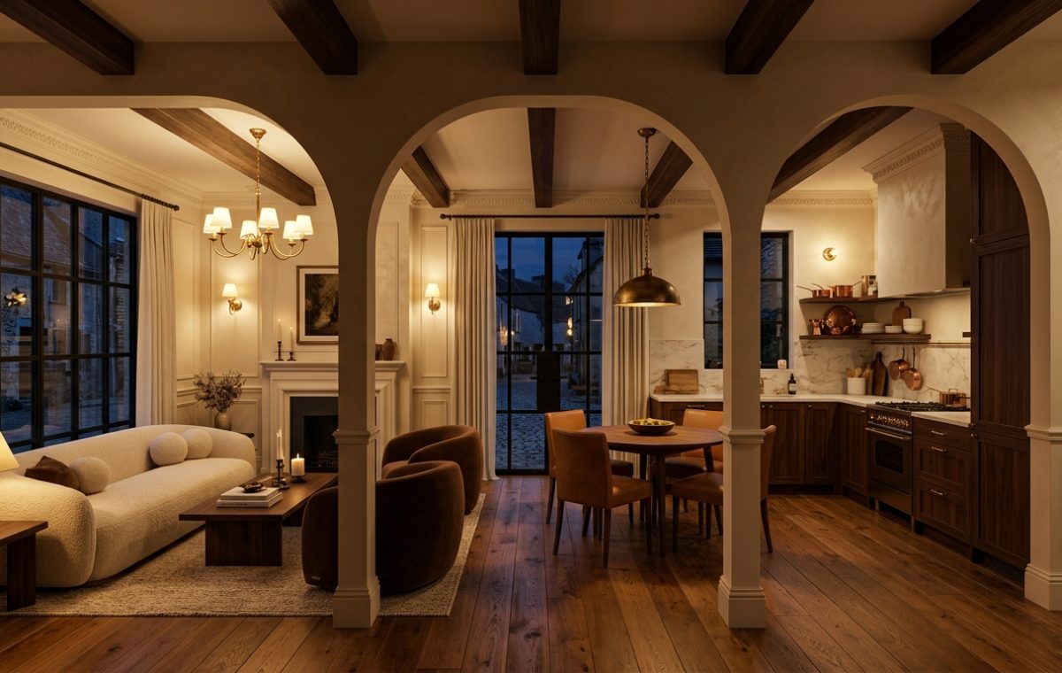Warmly lit open plan living room and kitchen featuring arched doorways and dark wood floors.