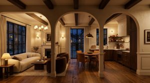 Warmly lit open plan living room and kitchen featuring arched doorways and dark wood floors.