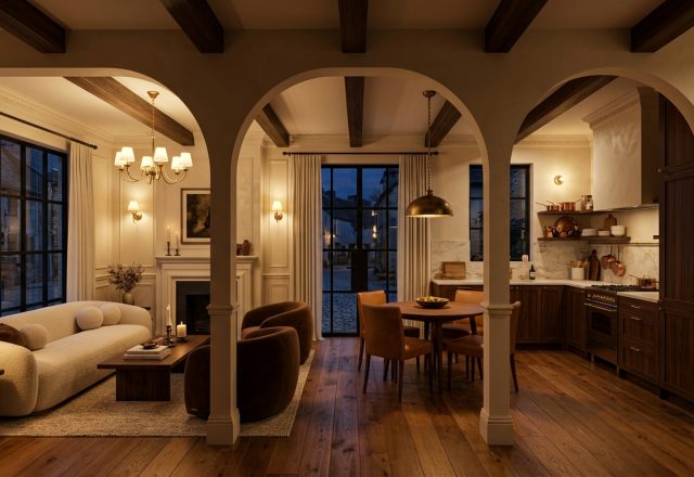 Warmly lit open plan living room and kitchen featuring arched doorways and dark wood floors.