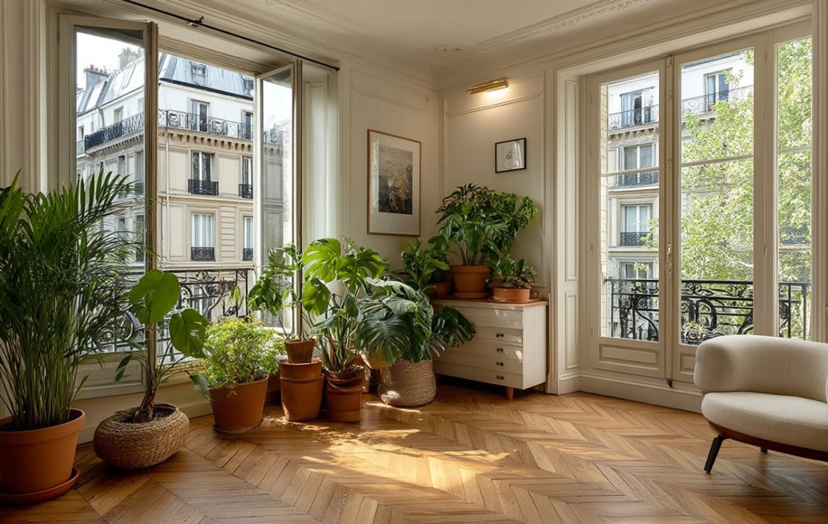 Bright urban indoor jungle setup featuring large monsteras and palms near tall windows and herringbone wood floors.