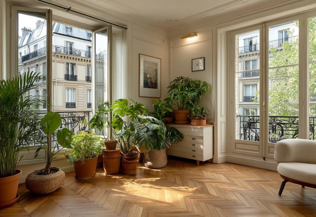 Bright urban indoor jungle setup featuring large monsteras and palms near tall windows and herringbone wood floors.