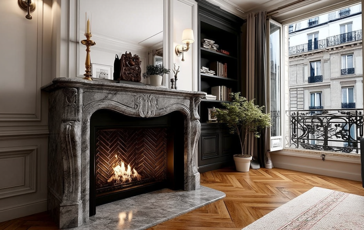 Elegant French marble fireplace with herringbone tile and parquet flooring in a classic living room