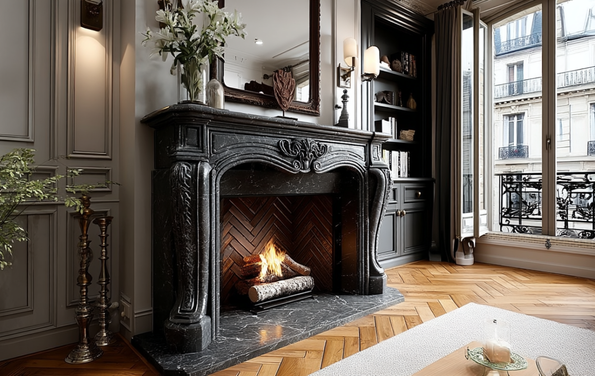 Elegant living room featuring a carved black marble fireplace and herringbone wood floors.