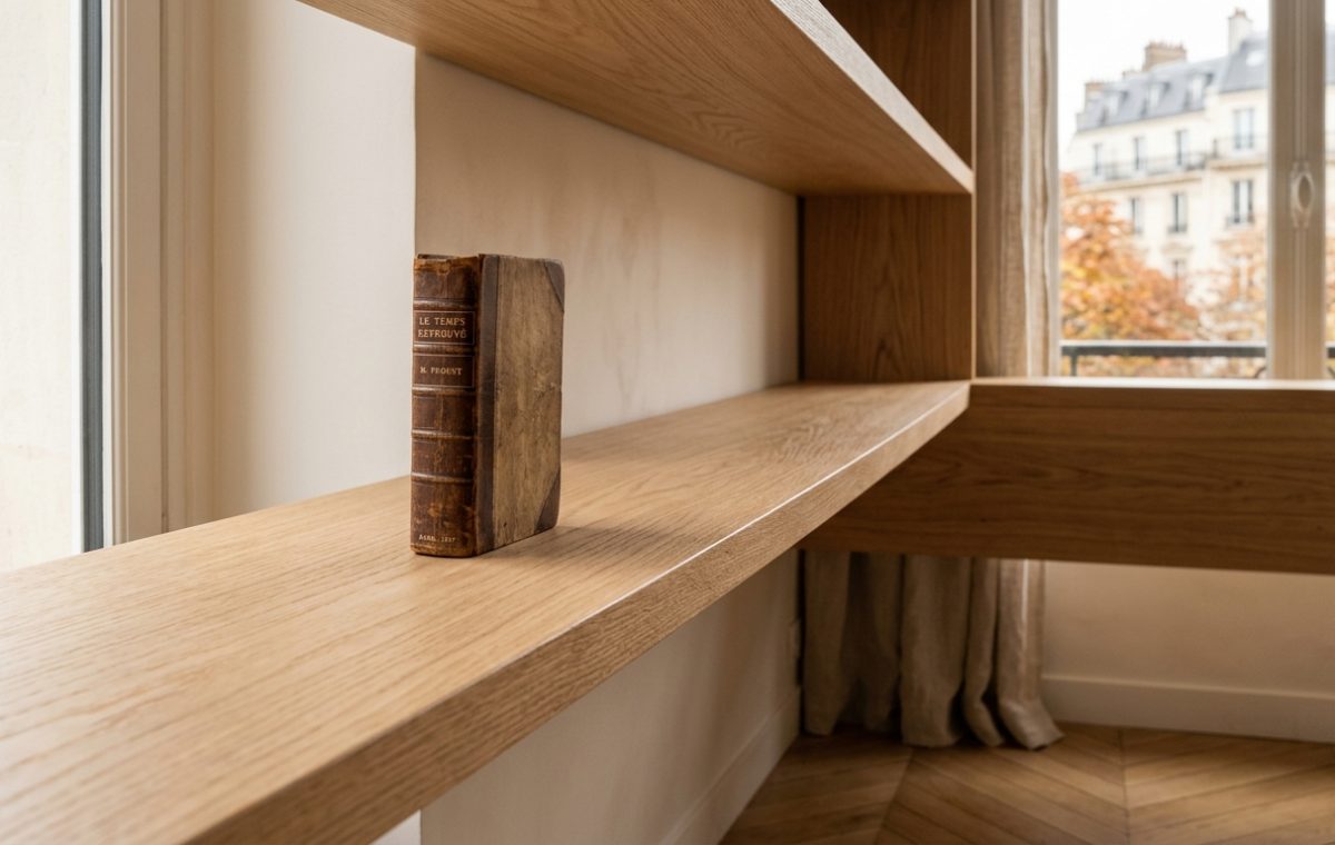 Custom oak bookshelves with a single vintage book resting on a minimalist wooden shelf near a bright window.