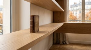 Custom oak bookshelves with a single vintage book resting on a minimalist wooden shelf near a bright window.