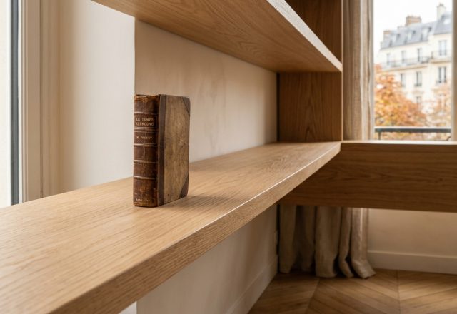 Custom oak bookshelves with a single vintage book resting on a minimalist wooden shelf near a bright window.
