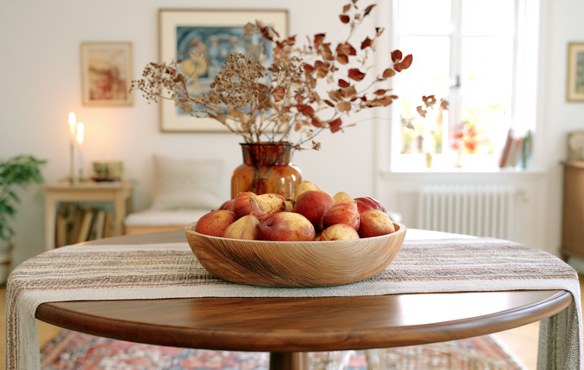 A warm wooden dining room centerpiece featuring a wooden bowl of pears and an amber vase with dried botanicals.