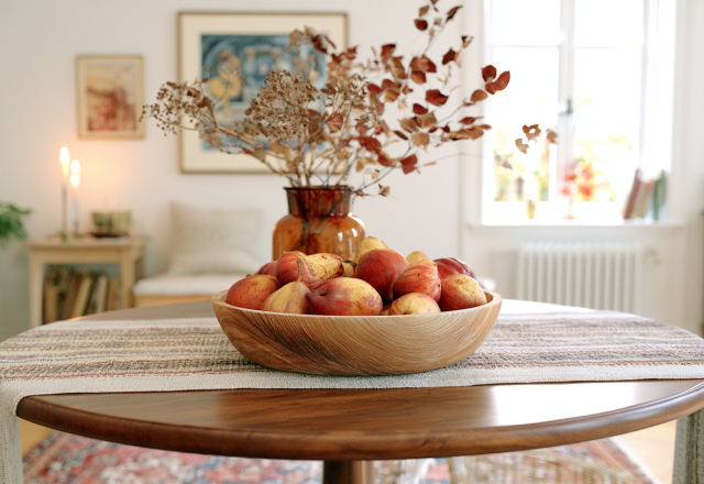 A warm wooden dining room centerpiece featuring a wooden bowl of pears and an amber vase with dried botanicals.