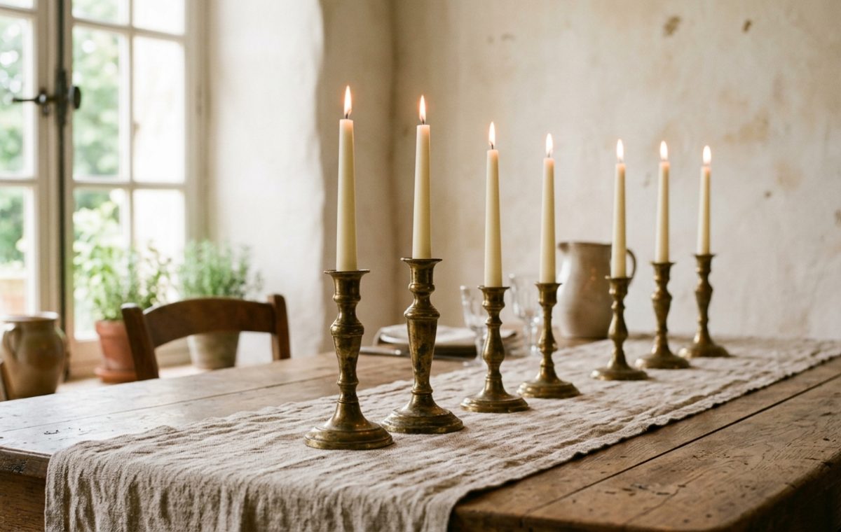 A row of brass candle holders with lit tapers sits on a linen table runner over a rustic wooden dining room table centerpieces setup.