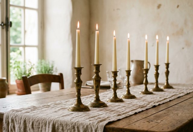 A row of brass candle holders with lit tapers sits on a linen table runner over a rustic wooden dining room table centerpieces setup.