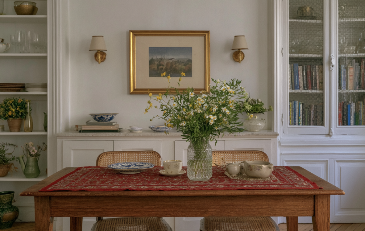 Vintage dining room table styling with a red runner, fresh daisies in a glass vase, and classic cane chairs.