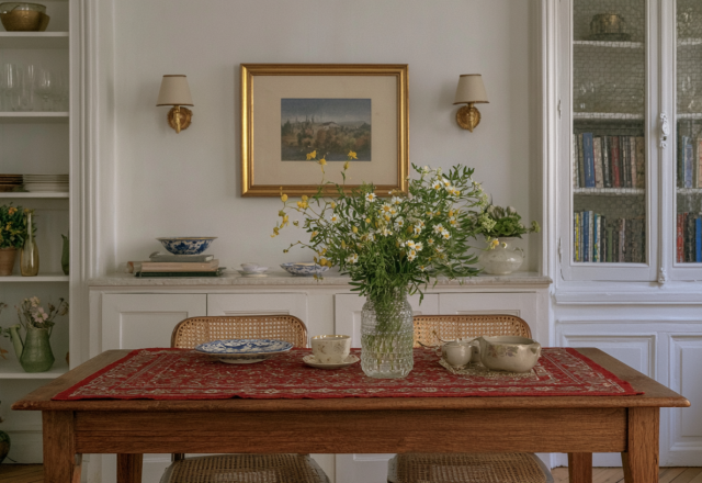 Vintage dining room table styling with a red runner, fresh daisies in a glass vase, and classic cane chairs.
