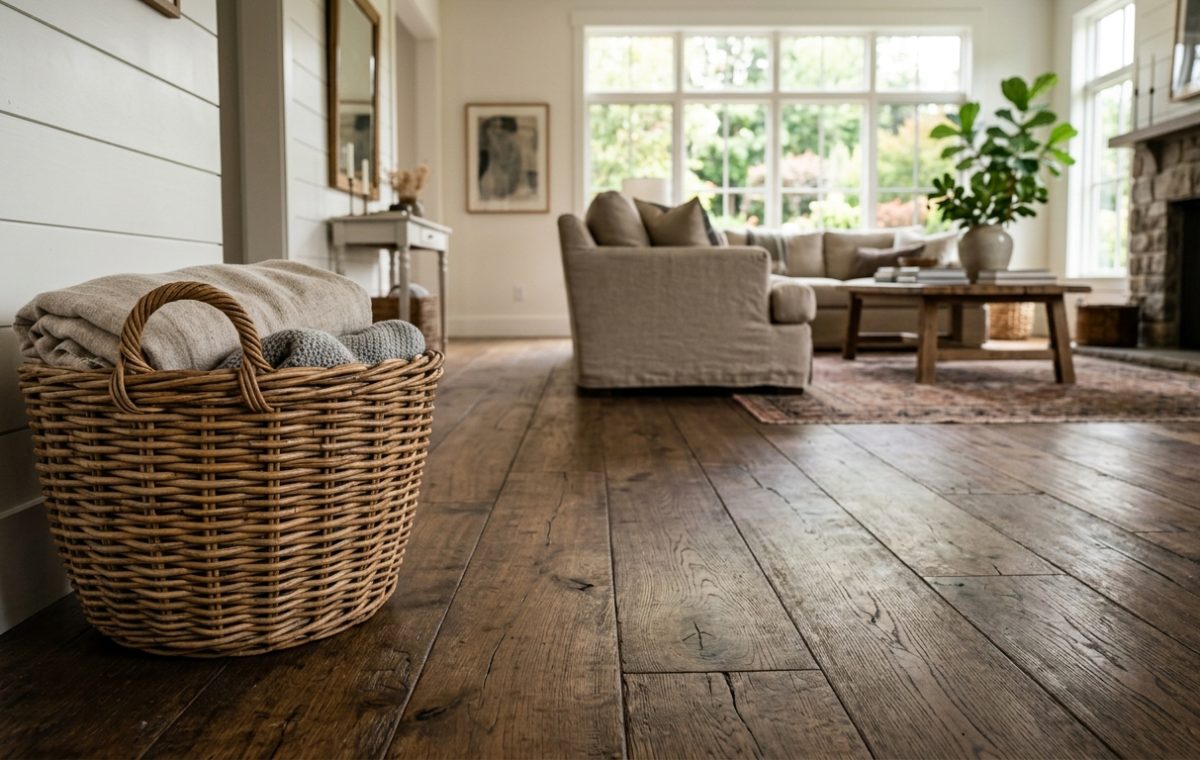 Woven basket with blankets on distressed hardwood floors in a sunlit farmhouse living room