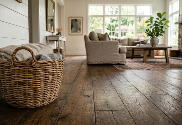 Woven basket with blankets on distressed hardwood floors in a sunlit farmhouse living room