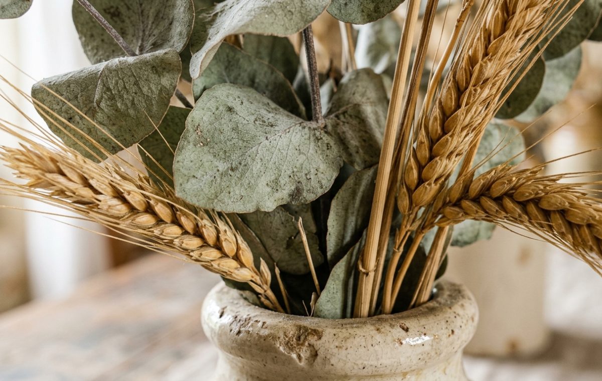 Dried eucalyptus and wheat decor arranged inside a rustic speckled ceramic vase on a wooden tabletop.