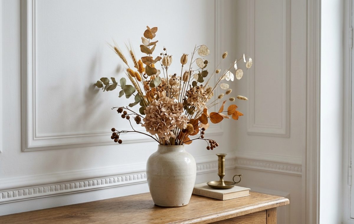 Dried floral arrangements in a white ceramic vase styled on a wooden console table with a brass candle.