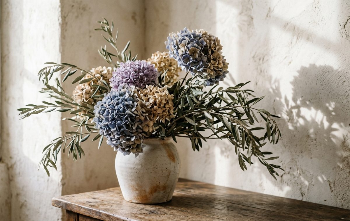 Dried hydrangeas decor arranged in a rustic ceramic vase on a wooden table against a textured wall