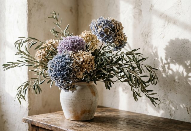 Dried hydrangeas decor arranged in a rustic ceramic vase on a wooden table against a textured wall