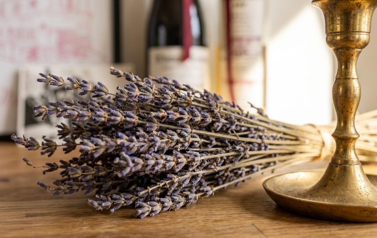 Dried lavender decor bundle lying next to a vintage brass candlestick on a wooden tabletop.