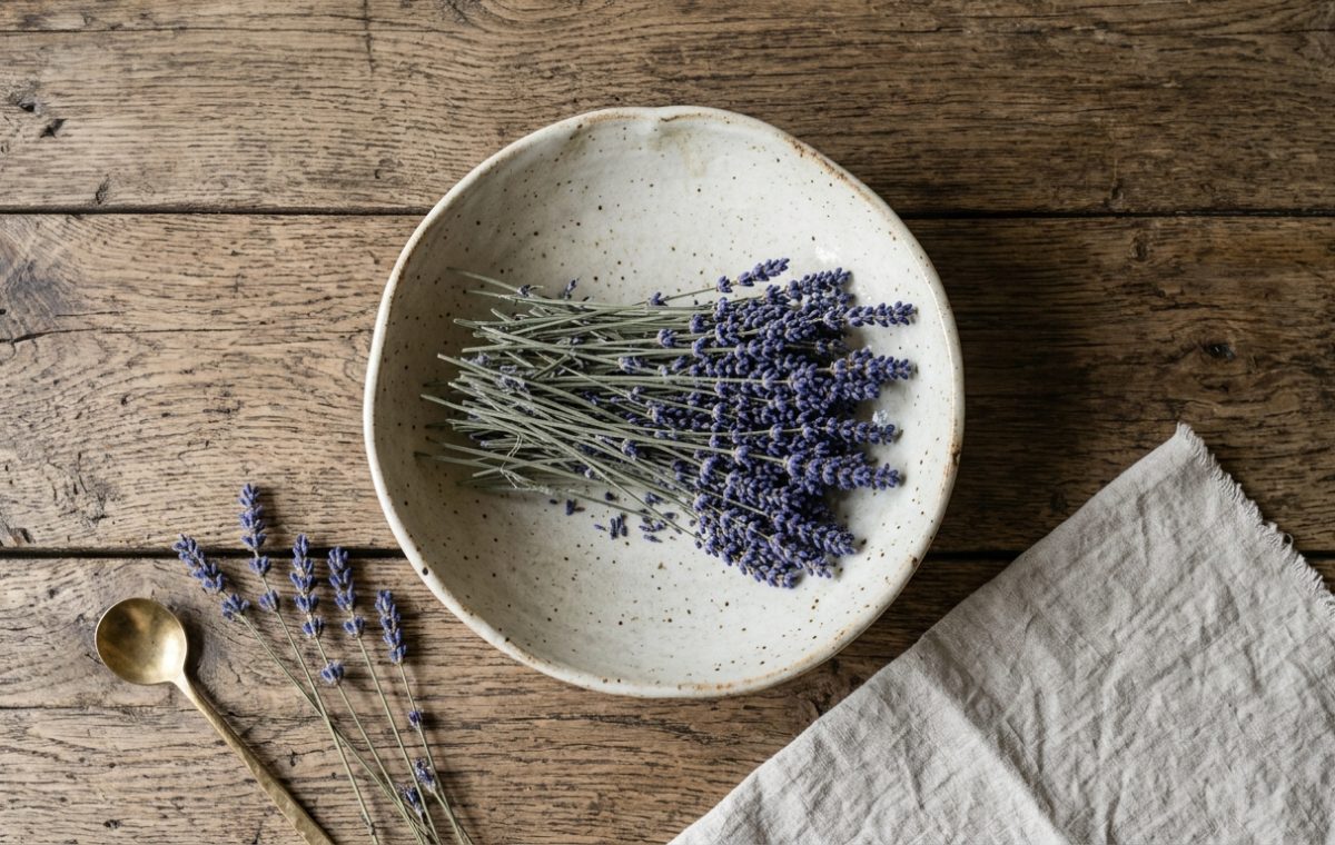 Dried lavender stems inside a speckled ceramic bowl on a rustic wooden table with linen and a brass spoon