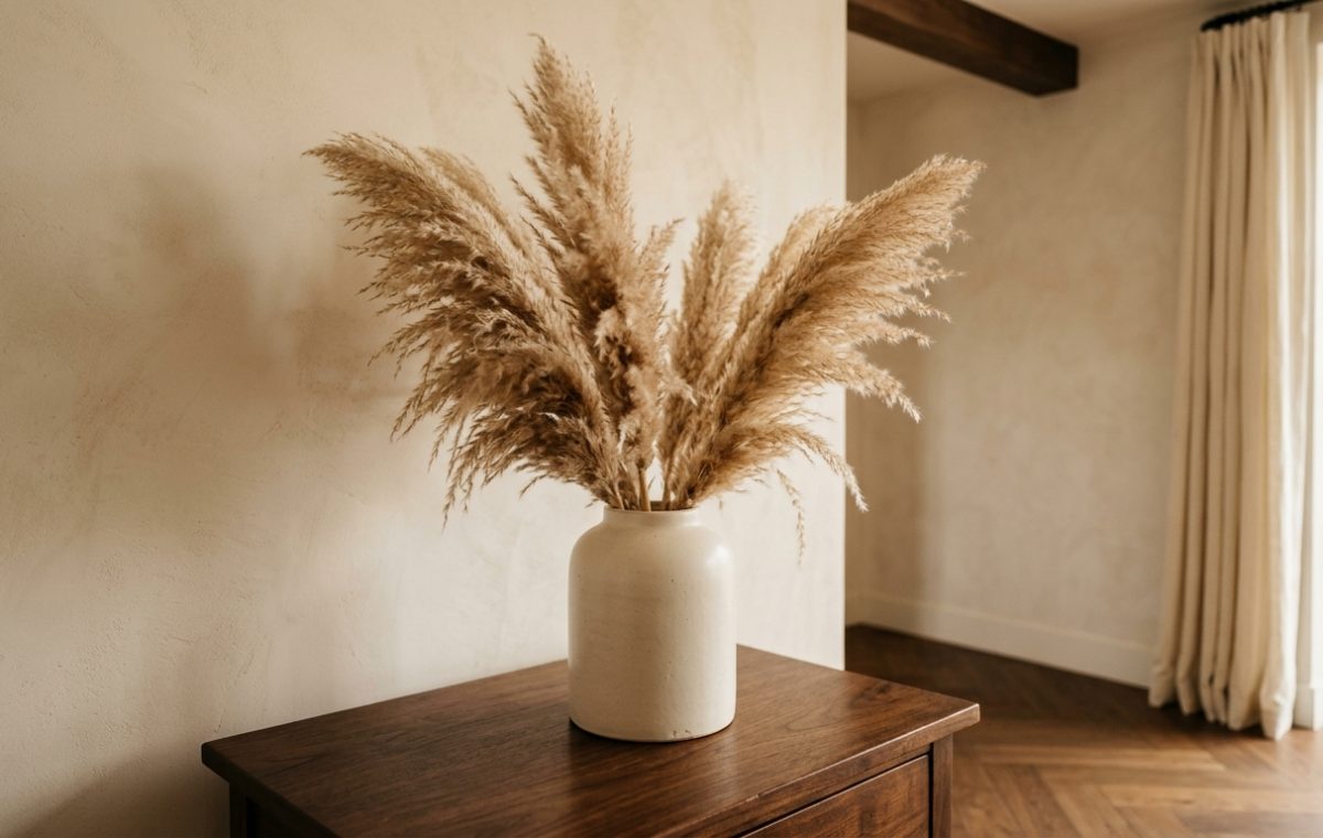 Dried pampas grass decor in a matte ceramic vase on a wooden console table against a textured beige wall.