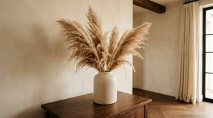 Dried pampas grass decor in a matte ceramic vase on a wooden console table against a textured beige wall.