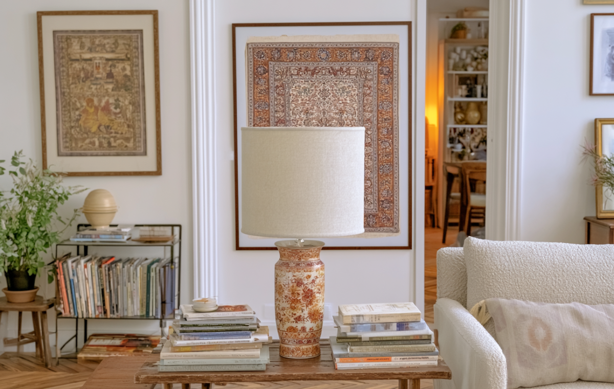Eclectic living room lighting featuring a floral ceramic table lamp and wall hanging on white plaster walls.