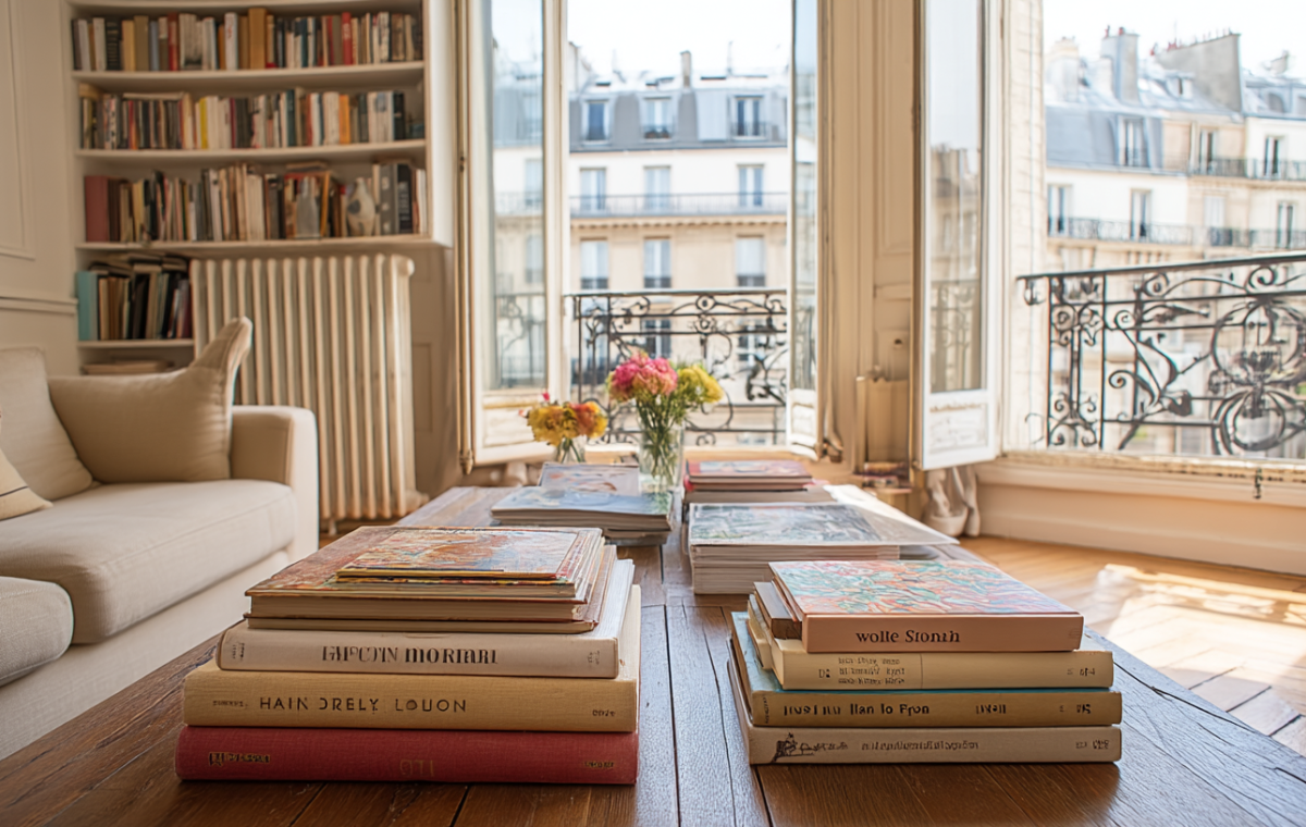 Coffee table styling with stacked art books and fresh flowers in a sunlit living room with a French balcony view.