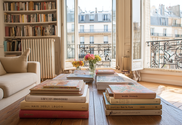 Coffee table styling with stacked art books and fresh flowers in a sunlit living room with a French balcony view.