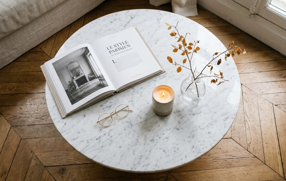 Minimalist coffee table styling with an open art book, wire glasses, candle, and dried branches on a marble top.