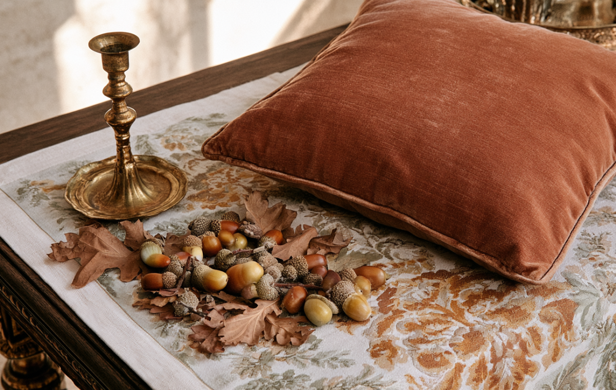 Fall home decor featuring a velvet pillow, brass candlestick, and acorns on a wooden table.