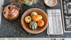 fall kitchen decor featuring a wooden bowl of mini pumpkins and a copper kettle on a dark countertop