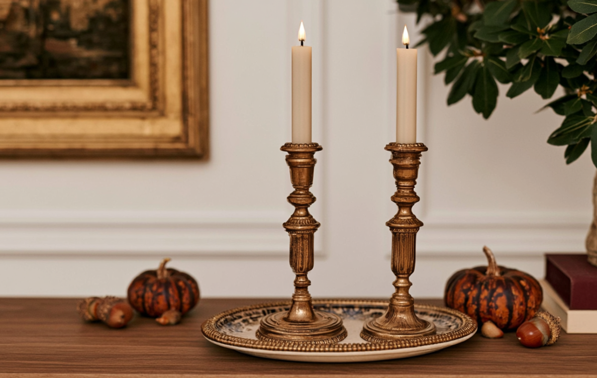 fall mantel decor featuring brass candlesticks, heirloom pumpkins, and a decorative tray on a wooden table