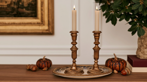 fall mantel decor featuring brass candlesticks, heirloom pumpkins, and a decorative tray on a wooden table