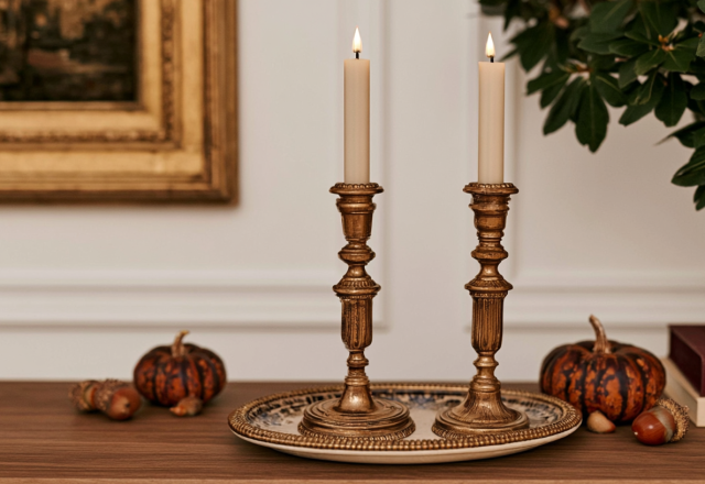 fall mantel decor featuring brass candlesticks, heirloom pumpkins, and a decorative tray on a wooden table