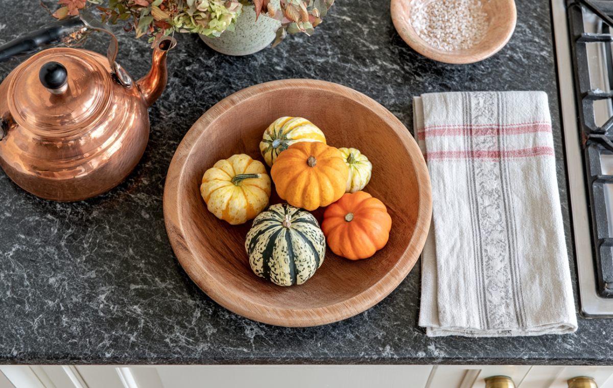 Kitchen autumn decor featuring mini pumpkins in a wooden bowl next to a copper kettle on a marble countertop