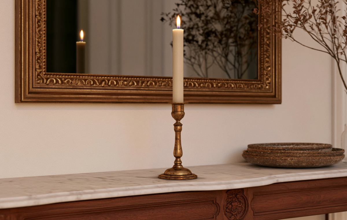 Vintage brass mantel candle holder on a marble and wood fireplace mantel with a gold framed mirror.